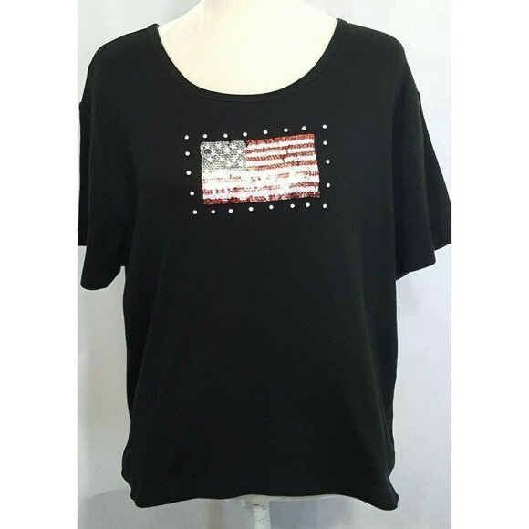 In Focus Tops - In Focus Womens Top Size XXL Short Sleeved Sequined American Flag Knit Black